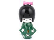 Dark Green Wooden Flower Print Japanese Kimono Kokeshi Doll Ornament