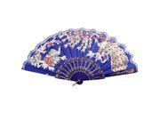 Chinese Style Hollow Out Frame 2 Peacock Pattern Floral Rim Hand Fan Blue