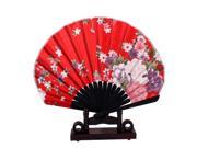 Purple White Blooming Floral Printed Red Fabric Cloth Folding Hand Fan w Holder