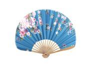 Unique Bargains Blue Nylon Multicolors Blooming Flowers Print Bamboo Handle Foldable Hand Fan