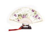 Unique Bargains Hollow Out Handle Flowers Print Chinese Knot Foldable Hand Fan w Holder