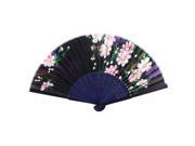 Blue Bamboo Ribs Pink Flowers Print Fabric Foldable Pocket Hand Fan