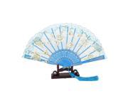 Unique Bargains Glittery Powder Lace Edge Chinese Knot Folding Hand Fan Blue w Holder