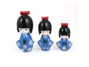 3 x Bowknot Flower Adorn Japanese Kimono Kokeshi Model Doll Blue