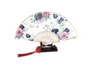 Unique Bargains Hollow Out Frame Fabric Flowers Printed Lace Edge Foldable Hand Fan w Holder