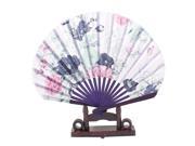 Unique Bargains Chinese Ink Painting Floral Wood Folding Hand Fan Multicolor w Display Holder
