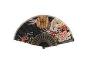 Party Show Scalloped Rim Brown Red Flower Pattern Black Cloth Folding Hand Fan