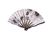 Unique Bargains Peony Print Ivory Purple Wood Frame Gray Fabric Cloth Collapsible Hand Fan
