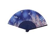 Bamboo Ribs Flower Butterfly Print Fabric Foldable Craft Hand Fan Blue Pink