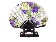 Bamboo Frame Green Purple Flower Printed White Cloth Folding Hand Fan w Holder