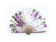 Wood Ribs Seashell Shape Flower Printed Folding Hand Fan White Purple