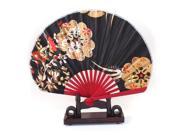 Unique Bargains Chinese Wedding Favor Gold Tone Floral Wood Folding Hand Fan w Display Holder