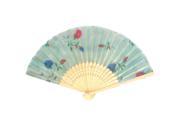 Chinese Japanese Style Foldable Floral Print Bamboo Rim Hand Fan Green Beige