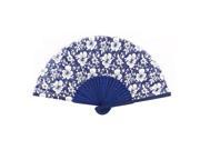 Flower Printed Hollow Out Design Bamboo Frame Fabric Cover Folding Hand Fan Blue