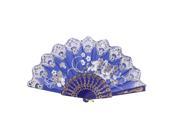 Royal Blue Plastic Hollow Rib Floral Print Powder Decor Wedding Folding Fan