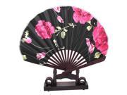 Unique Bargains Chinese Wedding Party Favor Rose Print Wood Folding Hand Fan Red Black w Holder