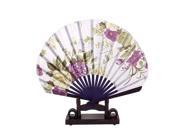 Unique Bargains Chinese Ink Painting Floral Wood Folding Hand Fan Purple Green w Display Holder
