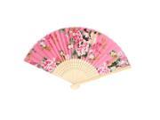 Beige Bamboo Ribs Collapsible Multicolors Flowers Print Pink Cloth Hand Fan