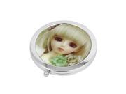Unique Bargains Gril Print Push Button Double Sided Folding Metal Cosmetic Mirror Silver Tone