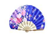 Wood Ribs Seashell Shape Chrysanthemum Pattern Folding Hand Fan Blue