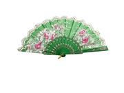 Glittery Powder Accent Blooming Floral Print Handheld Hand Fan Green