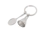 Badminton Rackets Metal Alloy Key Ring 3D Pendant Keychain Silver Tone