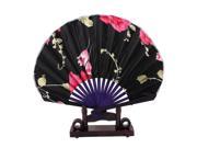 Unique Bargains Chinese Ink Painting Lily Foral Wood Folding Hand Fan Black w Display Holder
