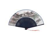 Unique Bargains Red Tassels Decoration Hollow Out Bamboo Ribs Handheld Folding Fans Dark Blue