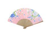 Summer Brown Bamboo Frame Flower Printed Fabric Foldable Pocket Hand Fan Pink