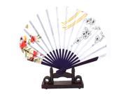 Chinese Ink Painting Peach Flower Print Wood Folding Hand Fan w Display Holder