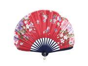 Unique Bargains Nylon Blooming Flowers Printed Non slip Ribs Foldable Hand Fan Red w Key Chain