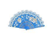 Unique Bargains U Ring Hanger Glitter Powder Detail Flower Pattern Folding Hand Fan Sky Blue