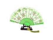 Unique Bargains Floral Print Lace Edge Chinese Knot Folding Hand Fan Green w Holder