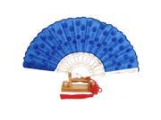 Unique Bargains Chinese Knot Sequins Decor Plastic Ribs Folding Hand Fan Dark Blue w Wood Base