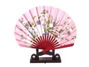 Unique Bargains Chinese Wedding Favor Orchid Print Wood Folding Hand Fan Pink w Display Holder