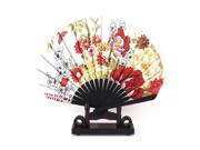 Bamboo Ribs Red Yellow Peony Print White Cloth Folding Hand Fan w Wooden Holder