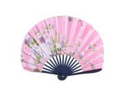 Unique Bargains Leave Blooming Flowers Printed Bamboo Handle Folding Hand Fan Green Pink