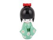 Unique Bargains White Flower Japanese Kimono Kokeshi Wooden Doll Desk Ornament Light Green