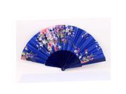 Wedding Party Flower Pattern Plastic Frame Fabric Cover Foldable Hand Fan Blue