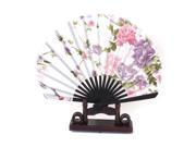 Black Bamboo Ribs Peony Floral Pattern White Cloth Folding Hand Fan w Holder
