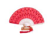 Unique Bargains Chinese Knot Sequins Decor Plastic Ribs Folding Hand Fan Bright Red w Wood Base