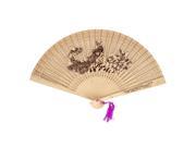 Unique Bargains Portable Peacock Plum Printing Hollow Out Style Folding Wooden Hand Fan Beige