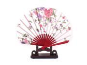 Unique Bargains Chinese Wedding Favor Peony Print Wood Folding Hand Fan White w Display Holder