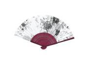 Red Bamboo Ribs Foldable Gray Flowers Print White Cloth Hand Fan
