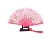 Unique Bargains Floral Print Lace Edge Chinese Knot Folding Hand Fan Pink w Holder