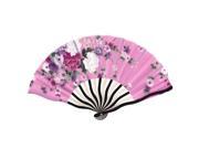Unique Bargains Peony Print Pink Fabric Cloth Black Bamboo Frame foldable Hand Fan