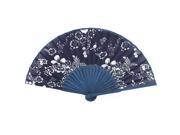 Flower Print Hollow Out Style Bamboo Frame Fabric Cover Folding Hand Fan Blue