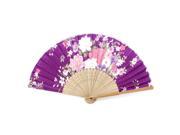 Lady Hollow Out Handle Peony Printed Folding Dance Hand Fan Purple Pink