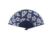 Flowers Pattern Bamboo Rib Folding Summer Hand Fan Dark Blue White