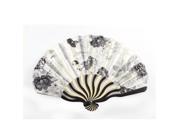 Black White Flower Printed Nylon Bamboo Folding Hand Held Fan Art Gift for Women